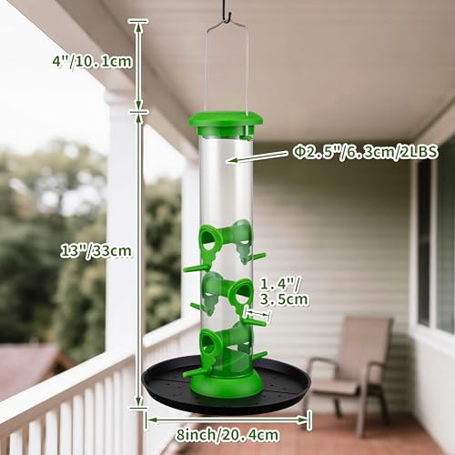 Tube Bird Feeders for Outdoors, 13" 6-Port Seed Catcher, Lawn Green, 2 PK | Spill-Proof, Removable Tray, Drainage Holes, Easy to Clean, Weather-Resistant, Durable for Outdoor - color: Lawn Green, 13 inch with tray, Pack of 2