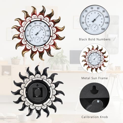 VEWOGARDEN 13 Inch Sun Outdoor Thermometer Waterproof Metal Decorative Wall Indoor Outdoor Thermometer for Patio, Home & Garden - style: Sun(verdigris)