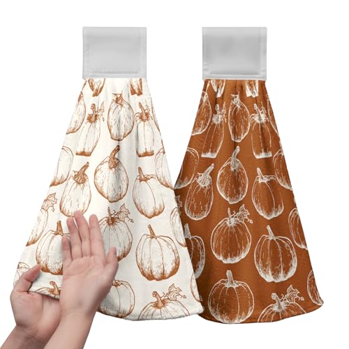 2 Pcs Fall Pumpkin Hanging Kitchen Towels Autumn Thanksgiving Hand Towels with Hanging Loop Burnt Orange White Pumpkins Dish Towels Soft Absorbent Bath Tie Towel for Bathroom Decor - color: Fall Pumpkin-a-a