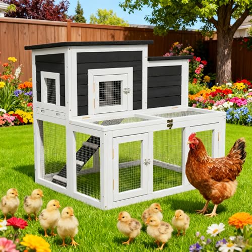 Outdoor Chicken Coops for 2-4 Chickens, Wooden Quail Cage Duck Coop | All Weather Used, Asphalt Roof, Ramp,Openable Top, Pull-Out Tray, For Small Animals - color: White2