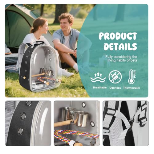Bird Traval Carrier Cage, Multi Vent Holes Clear Space Capsule Astronaut Backpack to Carry Parakeet Cockatiel Parrot with Metal Tray Wood Perch, Vet Transport Book Bag - color: Black