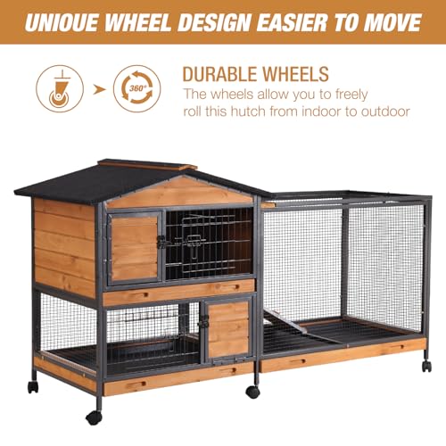 Rabbit Hutch Bunny Cage Strong Iron Frame Rabbit Cage Indoor and Outdoor Chicken Coop with Casters Waterproof Roof, Great for Rabbit,Bunny,Guinea Pig,Chickens. - size: 60.8"L x 22.6"W x 33.2"H
