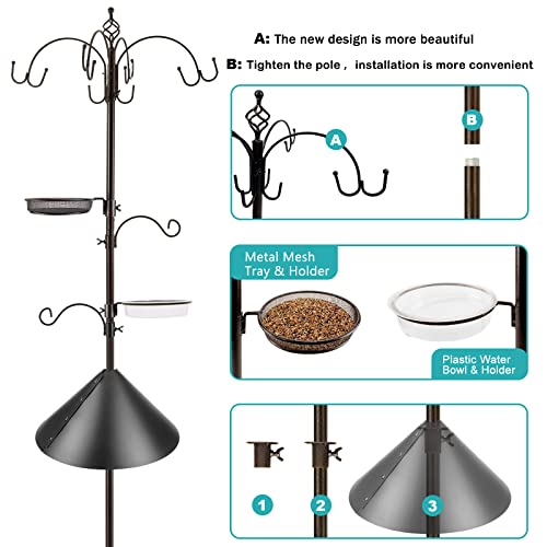 Bird Feeding Station Kit Bird Feeder Pole Wild Bird Feeder Kit with Squirrel Baffle and Suet Cage Mesh Tray Fruit Hook Double W Hook for Attracting Wild Birds - size: 15" L x 15" W x94" H