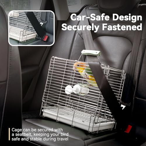 Bird Carrier Travel Cage - 304 Stainless Steel Portable Folding Bird Travel Cage with Parrot Feeder Cups & Standing Perch for Smaller Birds Conures Lovebird Cockatiel Parakeets (White) | 304 Stainless Steel, Portable Folding, Parrot Feeder Cups & Standing