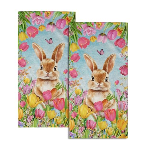 Easter Bunny Hand Towels, 14x28 Inch Spring Tulip Floral Rabbit Butterfly Absorbent Soft Dish Washing Cloth Face Tea Towels for Kitchen Bathroom Farmhouse Seasonal Decoration - color: Bunny Tulip Flowers