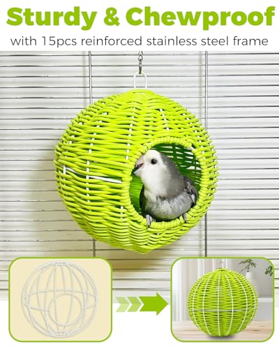 Chewproof Steel Frame Bird Nest for Cage, Washable Small Bed Hammock | Bird Hideout Lay Eggs Parakeet Nest Sleep Rest, Parakeet Warm Bed House Hut for Lovebird, Canary, Budgie, with Cushion - color: S-Long Chain-green for Small Birds