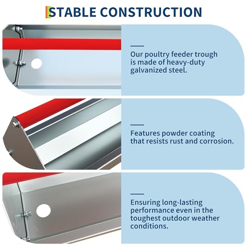 45" Chicken Trough Feeder, 5 Gallon Galvanized Steel Feed Trough with Drainage Holes & Red Crossbar | Heavy Duty, Rust-Proof Metal Duck Chicken Feeder Red - color: Red