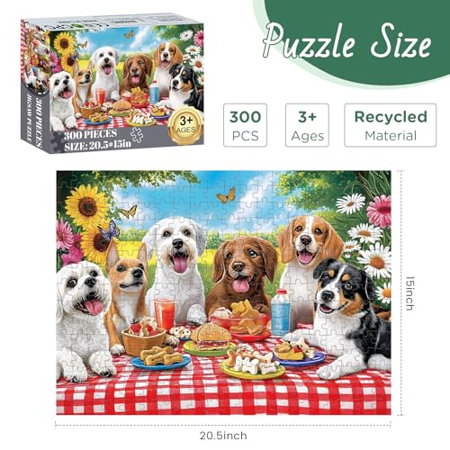 300 Pieces Puzzle for Adults, Cute Picnic Dog Jigsaw Puzzle - style: Dog Party