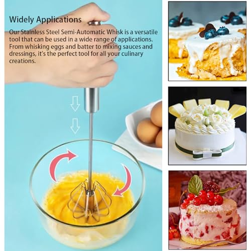 Stainless Steel Semi-Automatic Whisk Set of 2, Push Egg Whisks Hand Mixer for Eggs, Milk, Kitchen Manual Blender (10&12 Inch) - color: Silver1 (10&12in)