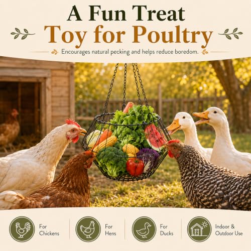 Hanging Chicken Feeder, 9.25IN Large Foldable Poultry Feeder Vegetable Fruits Basket with 4pcs Hanging Stainless Chain, Chicken Treat Holder Ball Boredom Toys for Chicken Hens Duck Coop, Black, 2 Pack - size: 2 Pack
