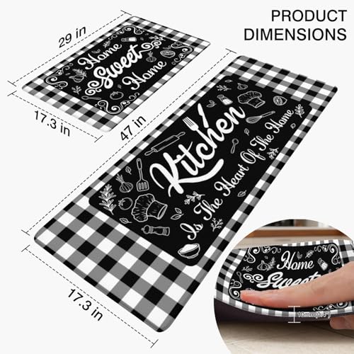 Buffalo Plaid Anti Fatigue Kitchen Mats, Black, 17.3"x47"+17.3"x29" | Cushioned Non Slip Memory Foam Waterproof, Checkered Kitchen Decor Rugs for Floor, Set of 2 for Sink Laundry Office - color: Black White