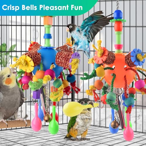 KATUMO Bird Toys, 2PCS Parakeet Foraging Shredder Hanging Toys with Sola Balls Sand Hammer, Parrot Ball Treats for Conure Mini Macaw Cockatiel Lovebird Small-Medium Birds - style: Orange+Blue