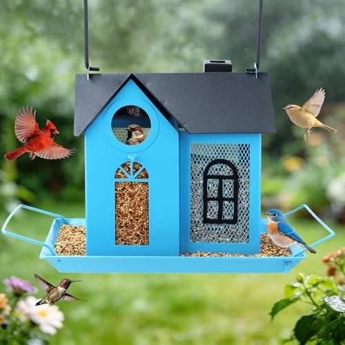 Solar Bird Feeder for Outdoors - Blue Metal Hanging Bird Feeder with Solar Light, Decorative for Wild Cardinals, Finches, Weatherproof Backyard Garden Decor Ideal Gift for Women Mom Grandma - color: Blue
