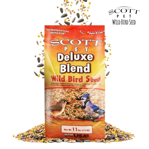 Scott Pet Wild Bird Seed, Deluxe Blend, 11lb, High Protein & Fiber | No dust. Attracts Juncos, Jays, Finches, Grosbeaks, Nuthatches & Titmice. All feeders.