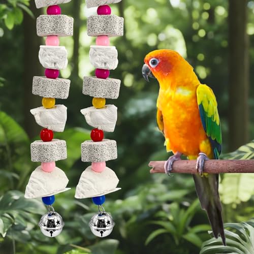Parakeet Toys 2 Pack with Cuttlebone and Bell | Natural beak grinding stone, calcium supplement for bone health, for budgies, cockatiels, lovebirds, small to medium birds.
