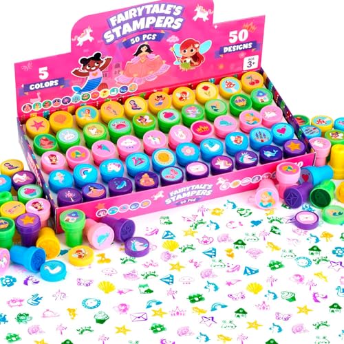 JOYIN 50 Pcs FairyTale's Themed Stamps for Kids - Self-Ink Stamps with 50 Designs for Birthday Party Favor, Carnival Prizes, Goodie Bag, School Treasure Box Toys (Mermaid, Princess, Unicorn Stampers) - style: FairyTale