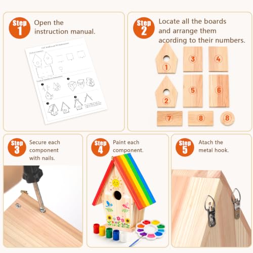 GABREE Wooden Bird House Kit, DIY Birdhouse Kit to Build and Paint, Comprehensive Outdoor Arts and Crafts Set with Tools, Paint & Brushes, Perfect Creative Gift for Nature Lovers & Families