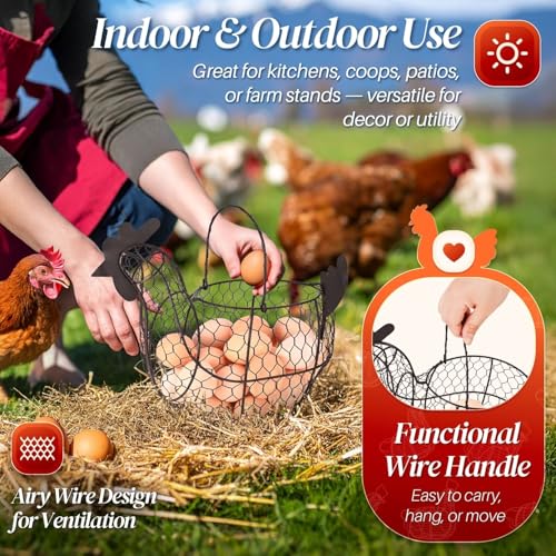 Flexzion Egg Basket for Gathering Fresh Eggs, Black Wire Chicken Egg Collecting Basket Countertop, 24-Egg Metal Holder with Handle, Chicken Shaped Basket for Farmhouse Kitchen Decor - size: Large Chicken Basket