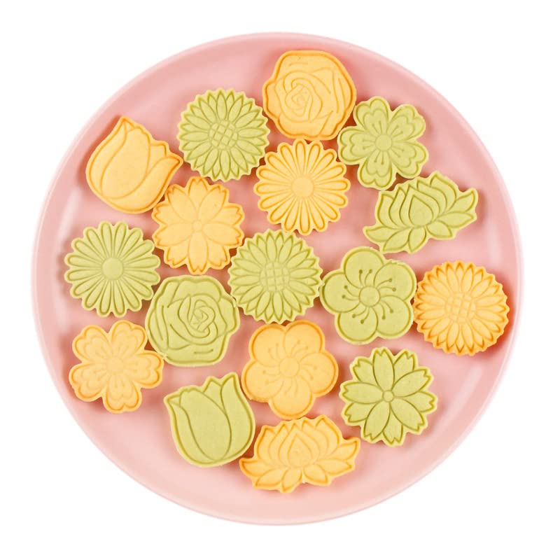 8Pcs Flower Cookie Cutters Stamps Biscuit Baking Tools Embossing Cookie Molds(With 30 Flowers Bags) - color: Floral