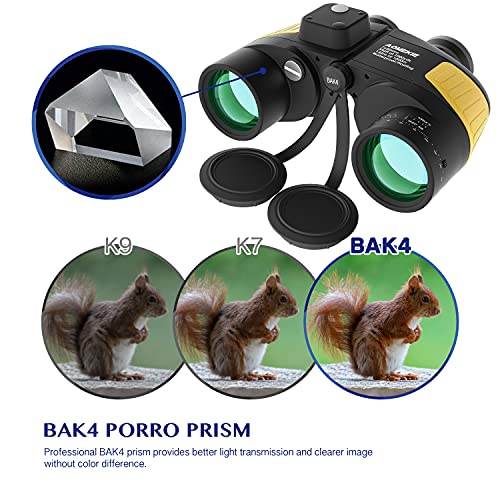 AOMEKIE 7x50 Waterproof Marine Binoculars for Adults with Rangefinder Compass BAK4 Prism FMC Lens for Birdwatching Hunting Boating Fishing Water Sports(Yellow) - color: Yellow