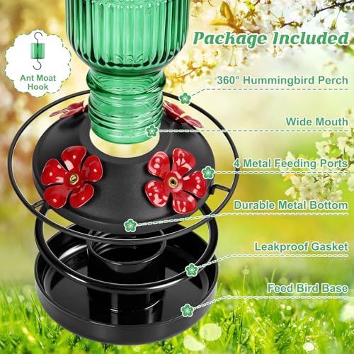 Glass Hummingbird Feeder, 16oz Outdoor Hanging Bird Feeder with Ant Moat, 4 Bee-Proof Feeding Ports, 360° Perch, Leak-Proof, Green - color: Green
