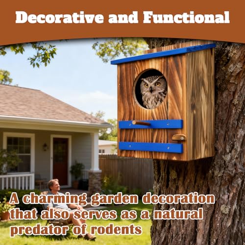 Screech Owl House for Outdoors,10"x10"x15" Large Carbonized Wood Barred Owl Nesting Box, Weather-Resistant Bird House with Blue Roof, Ventilation & Replaceable Perch, Garden Wildlife Habitat Gift