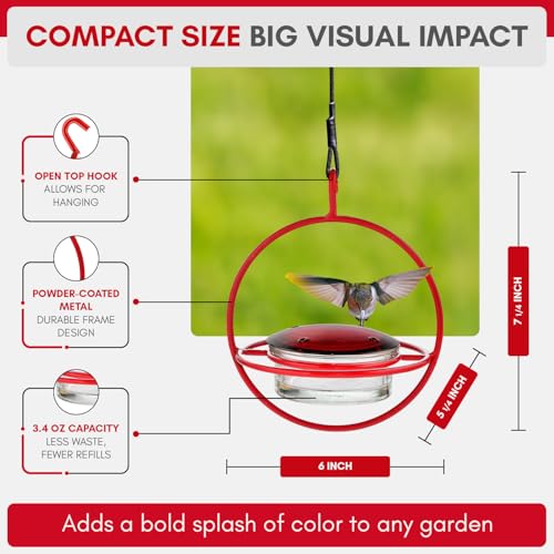 Hummingbird Feeder for Outdoors Hanging, 3.4 OZ Hummingbird Feeders, Glass Bowl with 4 Feeding Ports, Leak Proof Lid & Circular Perch, Bird Feeder (1, Red) - color: Red
