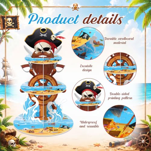 3 Tier Pirate Cupcake Stand Decoration Nautical Sailing Skull Cap Cupcake Tower Pirate Table Decoration Treasure Dessert Holder Table Display for Birthday Halloween Nautical Party Decor - style: Pirate