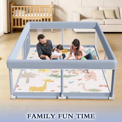 XVISHX 65 x 50 Inch Baby Playpen with Mat, Playpen for Babies and Toddlers, Baby Play Pen Playard for Indoor & Outdoor Active Center Game Fence, Skin-Friendly Fabric and Soft Breathable Mesh, Grey - size: 65 × 50 Inch With MAT