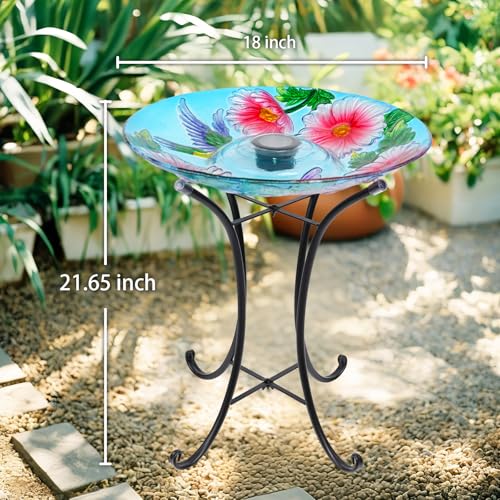 MUMTOP Glass Bird Bath Solar Birdbath with Metal Stand Garden Flower Decor | 18" Diameter 21.65" Height Outdoor Bird Baths for Lawn Yard Decor, Solar Large Birdbath Hummingbirds Bird Feeder - color: Hummingbirds