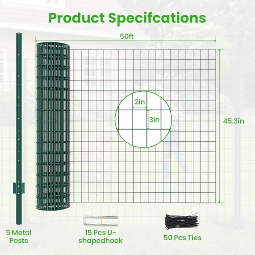 Welded Wire Garden Fence, 45.3Inch x 50FT Steel Poultry Fencing | Rust-Resistant Galvanized Animal Barrier Fence with Upgraded Metal Posts for Vegetable Garden, Flower Bed, Lawn, Backyards - color: Green, size: 45.3Inch x 50FT