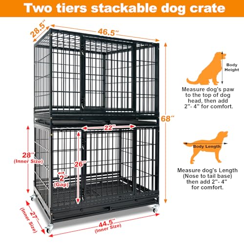 Homey Pet Two Tiers Heavy Duty Dog Crates for Large Dogs, 2 Pack | 47 Inch Stackable Large Dog Crate Cage with 4 Wheels, 2 Removable Trays and Grids, Multi Locks Strong & Solid Escape Proof - size: 47"L-2 Tiers-2P