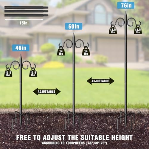 Double Shepherds Hooks for Outdoor, 76 Inch Heavy Duty Bird Feeder Pole with 5 Prongs Base, Adjustable Shepherds Hook for Bird Feeder, Garden, Weddings, Hanging Plant, 1 Pack - size: 76 Inch
