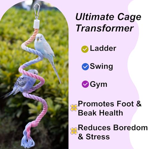 31.5" Bendable Bird Perch Cotton Rope Rainbow Bird Toy Twistable Ladder Swing Chewable Gym for Parakeets Cockatiels Conures Lovebirds