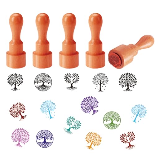 AHANDMAKER 5 Styles Simple Tree Patterns Wooden Rubber Stamps, Tree of Life Round Handle Wood Stamps Mini Decorative Wooden Stamp for DIY Crafting Card Making Letter Diary Decoration(No Ink Include) - style: Tree