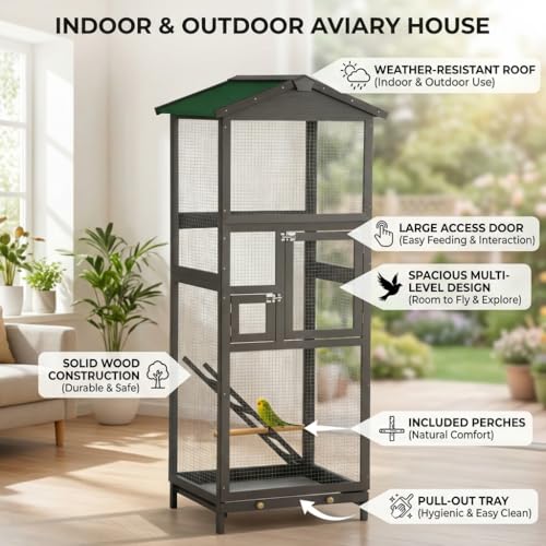 Indoor and Outdoor Aviary House, Wooden birdcages Bird Cage with Pull Out Tray and Wooden Bird cage Two Doors, Spacious Multi-Level Design for Small Birds Like Parakeets, Canaries