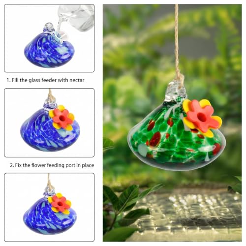2 Pcs Blown Glass Hummingbird Feeder for Outdoors Hanging, Ant & Bee Resistant Window Bird FeederHandmade Garden Decor Gift for Women - Small Water Droplet Glass Feeders Bundle - color: Droplet C2