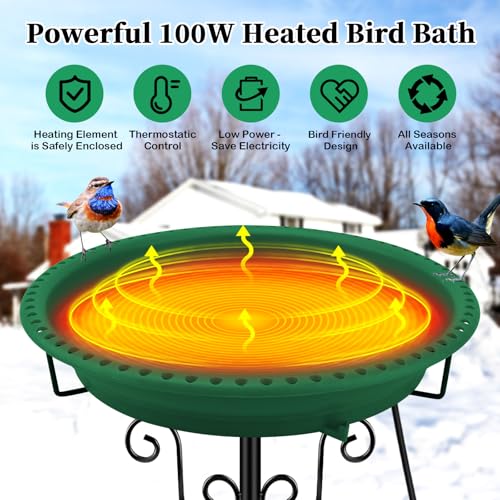 Heated Bird Bath, Lovppy 100W Thermostatically Controlled Heated Bird Baths for Outdoors Bird Bath Heater with Metal Stake, Heated Bird Bath for Outside Winter Garden Patio Yard Lawn (Green) - color: Green