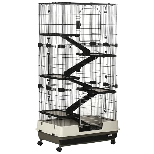 PawHut 59.5" Small Animal Cage with Wheels, 6-Level Portable Bunny Cage, Chinchilla Ferret Cage with Removable Tray, Platform and Ramp | Portable Chinchilla Ferret Cage, Platform, Ramp - size: 53.5"L x 18.0"W x 28.8"H