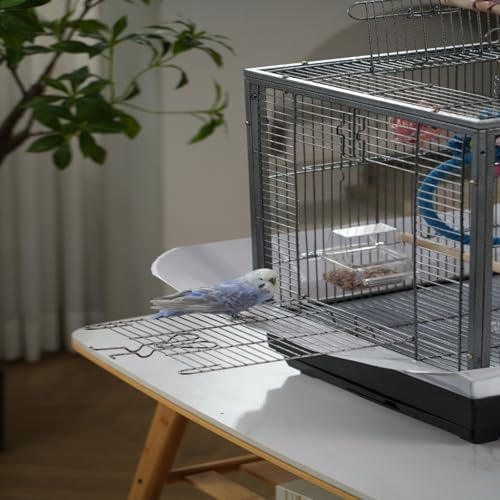 TrailBlaze 17.32" x 16.93" x 6.30" Spacious Black Metal Bird Cages with Pull-Out Tray, Carry Handles, Transparent Cups, Wooden Perches – Ideal for Parakeets, Cockatiels, Canaries, Lovebirds, Conures