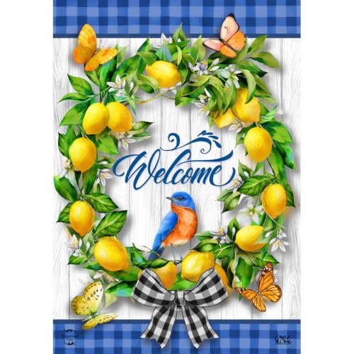 Lemon Wreath Spring House Flag Welcome Bluebird 28" x 40" Briarwood Lane - color: Lemon Bird