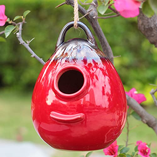 Kimdio Birdhouse Ceramic Hanging Birdhouses Bird Hut Hanging Outdoor Birdhouse for Wild Birds, Finch, Cardinal, and Bluebird - Red - color: a - Red