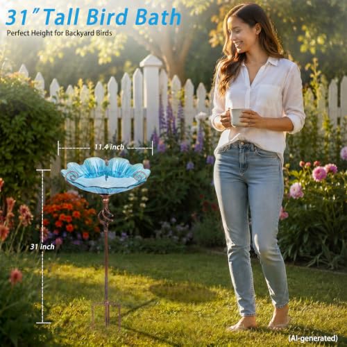 Glass Birdbath Birdfeeder with Metal Stake Garden Yard Outdoor Blue | 31inch height stain glass bird bath for outside,Blue flower bird bath bowl,attract wild birds and beautify outdoor gardens - color: Blue