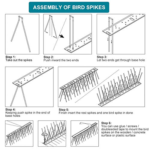 Bird Spikes Cover 43Feet Stainless Steel Pigeons Spikes(40pcs) | Easy to install, zip ties and gloves - size: 43Feet(40pcs)