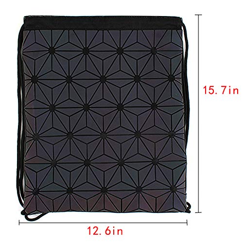 Van Caro Unisex PU Leather Holographic Geometric Drawstring Backpack Gym Travel String Bag, Black - color: Black