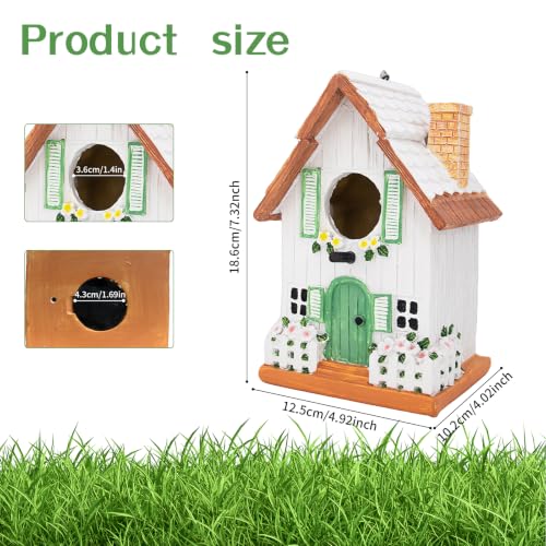 Bird Houses for Outside, Patio, Yard, Porch & Garden Decor, 7.3" | Rustic Cottage Resin Decorative Hanging BirdHouse for Bluebird Finches Cardinals Bird Nesting, Gift for Bird Lover Mom Women - color: White