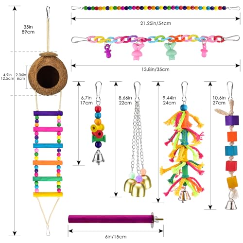 KATUMO Bird Toys, Parrot Swing Parakeet Ladder Conure Wood Perch Bird Chew Toys Cockatiel Hanging Bell Toys for Parakeet, Conure, Cockatiel, Mynah, Love Birds, Finch, Small Pet Birds - style: Colored ladder set (8 IN 1)