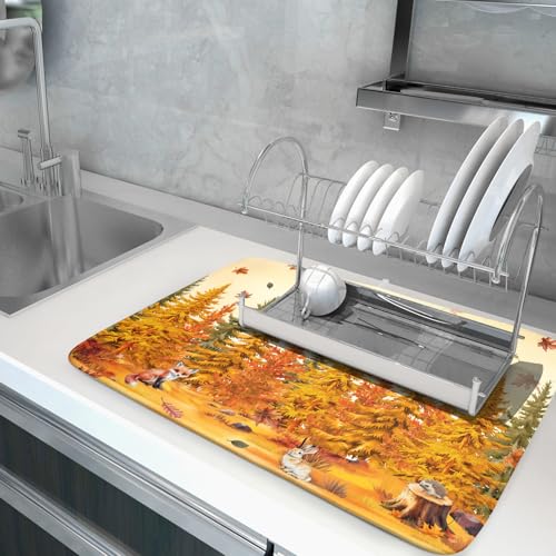 Autumn Forest Dish Drying Mat - Welcome Fall Fox Drying Pad for Counter Wildlife Dish Drainer Mat Cabin Animal Kitchen Accessories 18 X 24 Inch - color: Autumn Forest Yellow, size: 24" x 18"