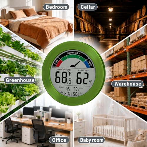 Digital Hygrometer Indoor Thermometer, Brushed Metal Frame, Green | Large round display, clear digits, accurate readings, comfort gauge, humidity meter, room temperature and humidity monitor - color: Green Stainless