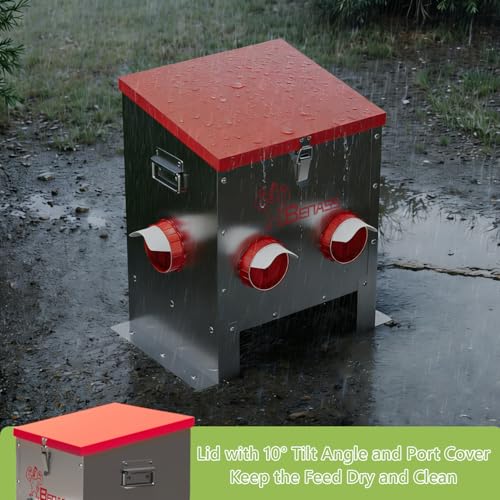 40LB Automatic Chicken Feeder, No-Waste Metal Poultry Feeder with 6 Ports, Predator-Proof Latch & Weatherproof Design, Includes Anti-Tip Ground Stakes & Vegetable Hanging Feeder - size: 40LB-6 Ports